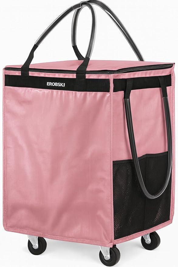 (Medium,Pink) Reusable Grocery Bag on Wheels, 70L Foldable Rolling Tote,Extra Storage for Shopping, Zipper Clouser Shopping Carts for Groceries,Trips, Laundry, Moving,4 Heavy Duty Wheels | 70L Extra Storage for Shopping, Zipper Clouser Shopping Carts f... by EROBSKJ