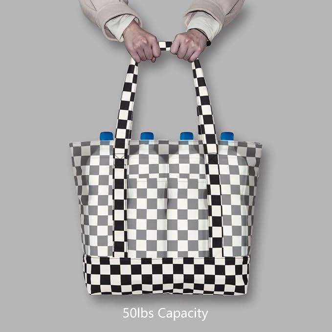 TOPDesign 1-Pack Canvas Tote Bag with an External Pocket, Reusable Grocery Shopping Bag, Top Zipper Closure, Daily Essentials (Checkerboard) - Image 6