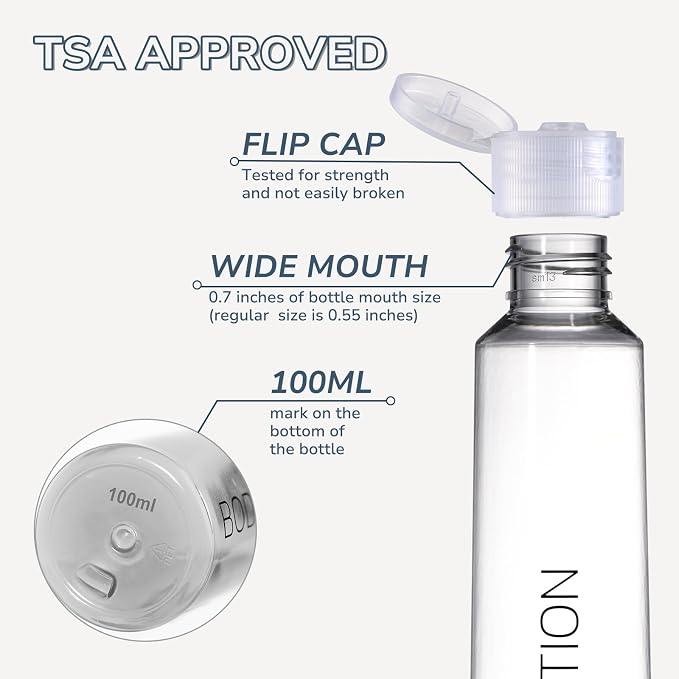 LISAPACK 3.4 oz Travel Containers for Toiletries, 6pcs Shampoo Bottles Kit | 100ml hard plastic labeled clear dispenser for conditioner, lotion, empty lettering carry on sets, flip cap, leak proof, TSA - Image 4