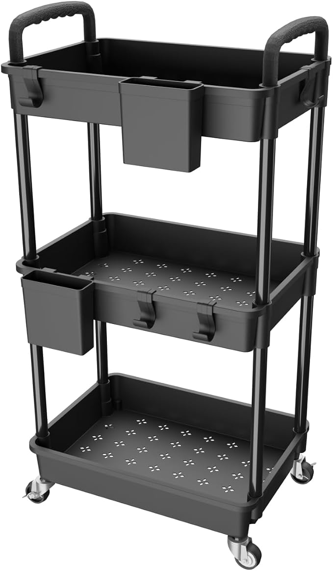 3 Tier Rolling Utility Cart with Handle,REBECAT Utility Cart Made of Multifunctional Storage Organizer Tool for Kitchen,Bathroom,Living Room,Office(Black) by REBECAT