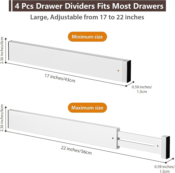 4 PCS Drawer Divider, 17"-22" Adjustable Bamboo Drawer Dividers Organizers, Expandable Separators for Kitchen, Clothes, Dressers, Home, Office, White - Image 2