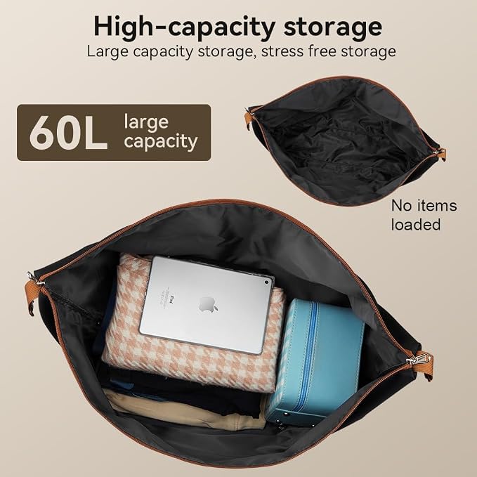 Travel Duffel Bag 60L Large Tote Carry On Foldable, Black-Brown | Carry On Duffel Bag for Women Men, Foldable Bags for Travel, Hospital Bag for Labor and Delivery, Weekender Overnight Bag - Image 2