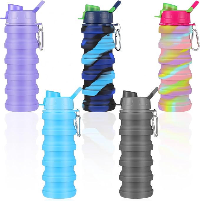5 Pack Foldable Water Bottles, 16 oz Silicone Reusable Foldable Water Bottle, Portable Leak Proof Travel Sports Bottle with Metal Clip for Camping Hiking Gym, Colorful - Image 7