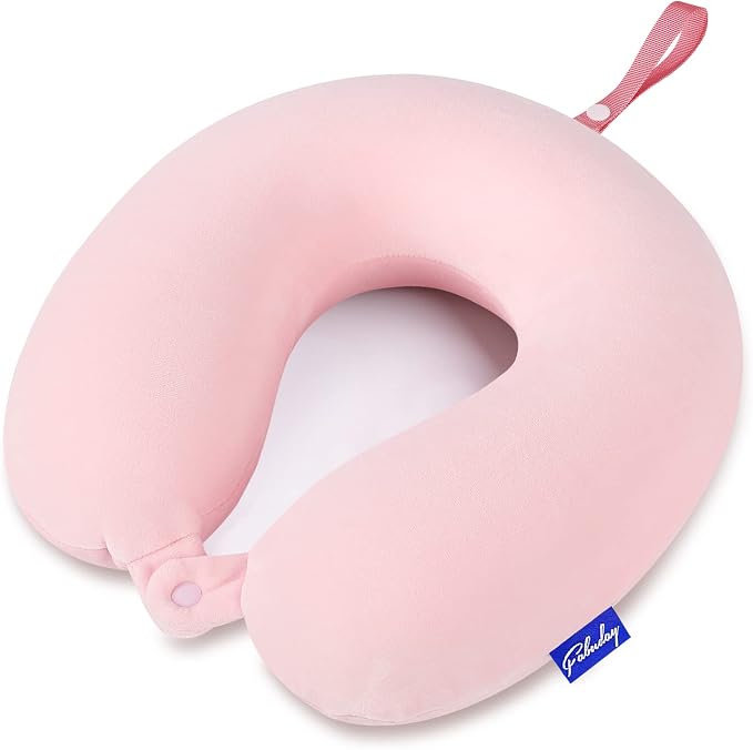 Memory Foam Neck Pillows for Travel - Airplane Pillows for Sleeping with Attachable Snap Strap Soft Washable Cover, Flight Pillow for Traveling, Car, Office, Provide Head Neck Support Pink by Fabuday