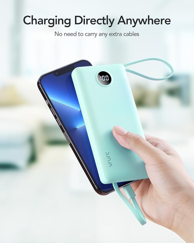VRURC Power Bank with Built-in Cables,USB C Portable Charger for iPhone | 10000mAh Slim Charging Bank with Lanyard, Perfect for Travel, Work, School and Daily Carry-Green - Image 8