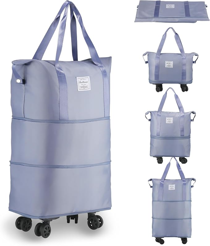 VOOWO Rolling Duffle Bag with Wheels, Expandable Foldable Duffle Bag for Travel, Rolling Under Seat Luggage Carry on Duffel Bags, Wheeled Travel Duffel Weekend Bags, Capacity 18L to 30L (Blue) by VOOWO