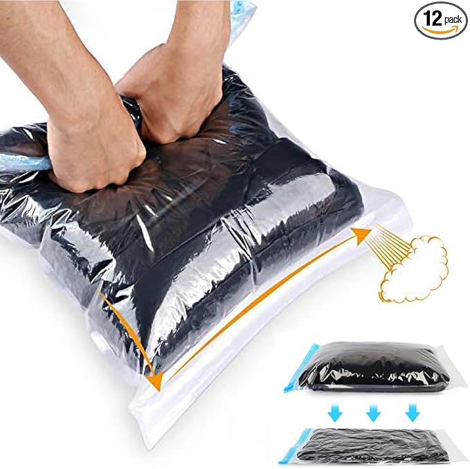 Compression Bags - Travel Essentials - 12 Pack Space Saver Bags - No Vacuum Pump Or Air Extractor is Needed - Storage Accessorie and Home Packing Organizers (transparent) by ALMING