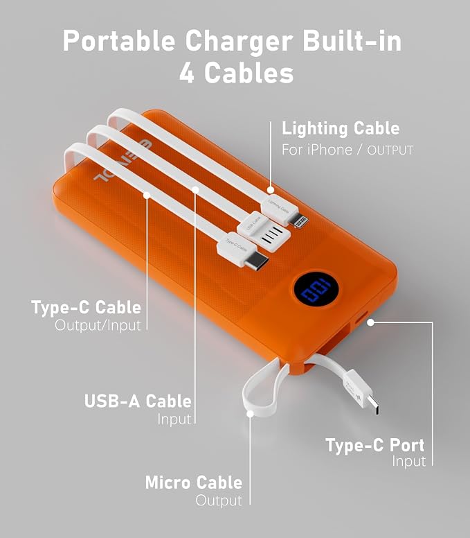 Portable Charger with Built in Cables, Slim 10000mAh Power Bank, USB C Battery Pack Travel, 4 Output 2 Input External Charging Bank for iPhone 17/16/15/14/13,Samsung, Android, etc-Orange(1 Pack) - Image 3
