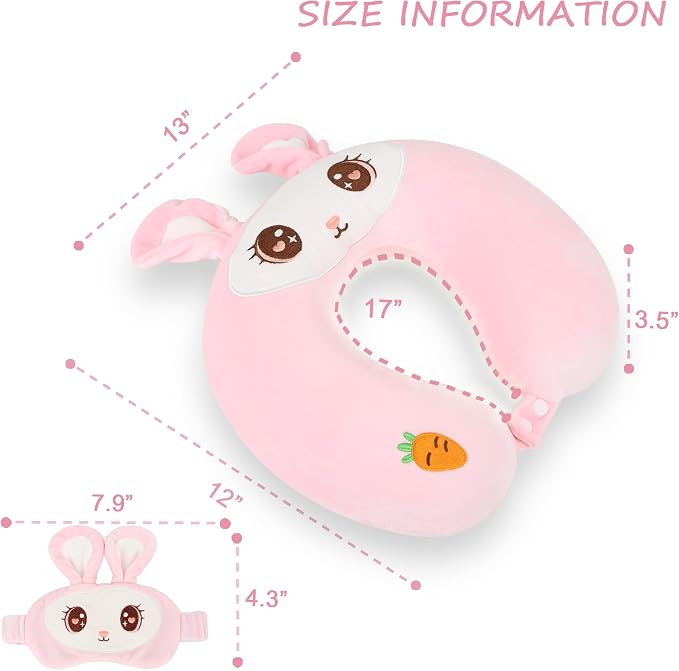 Sexysamba Cartoon Headrest & Neck Pillow for Kids Boys & Girls, Teens, Travel Accessories for Airplane, Car, Recline, Memory Foam Cute Travel Pillow with Sleep Eye Mask - Pink Rabbit - Image 2