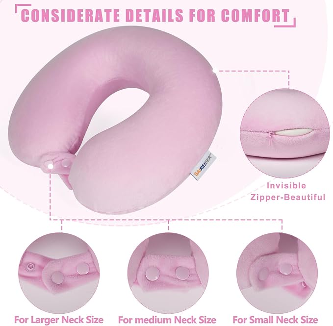 SAIREIDER Travel Neck Pillow 100% Memory Foam, Airplane Rest Prevents Head from Falling Forward, Plane Accessories with Storage Bag, Sleep Mask and Earplugs (Pink) - Image 5