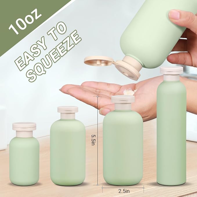 ASEVAT 10oz 4Pcs Green Plastic Refillable Travel Shampoo and Conditioner Bottles Plastic Refillable Travel Shampoo Bottles with Flip Cap Shampoo and Conditioner Dispenser - Image 3