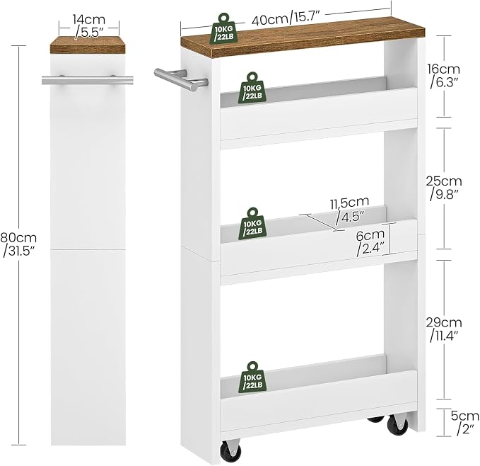 Slim Storage Cart, Slim Storage Rack on Wheels, Rolling Trolley with Handle, Storage Organizer, for Kitchen, Dining Room, Living Room, Laundry Room, White and Walnut MTC01WL - Image 4