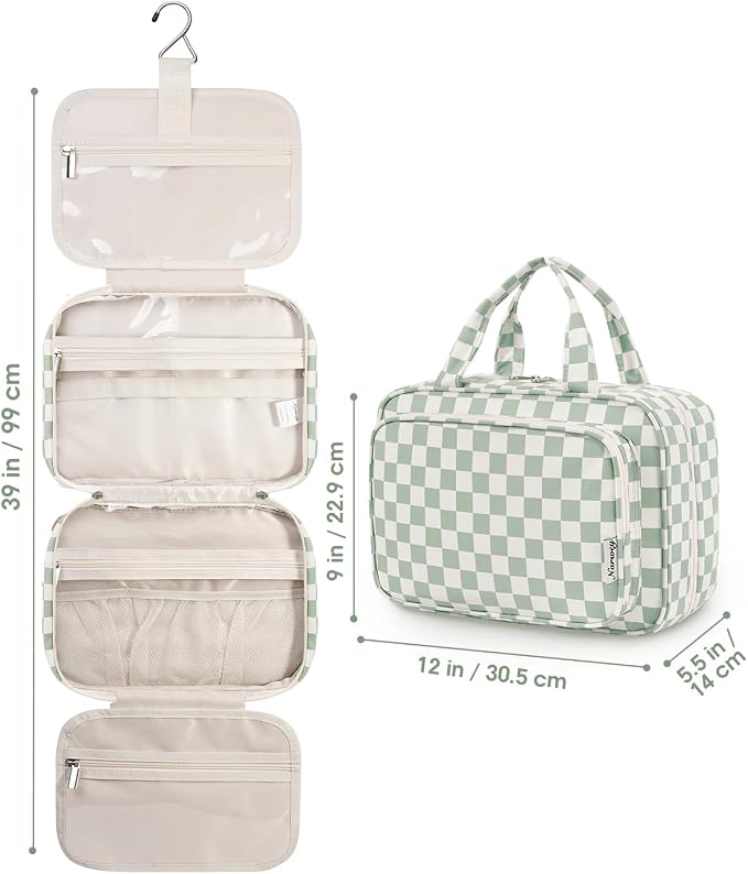 Narwey Travel Toiletry Bag for Women Large Capacity, Hanging Makeup Bag Organizer Toiletries Bag for Full Size Essentials, Accessories, Brushes, Cosmetics (Mint Green Checkerboard (Large)) - Image 9