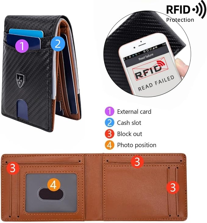 Slim RFID-Blocking PU Leather Bifold Wallet for Men & Women, Minimalist Card Holder with ID Window & Cash Pocket - Image 3