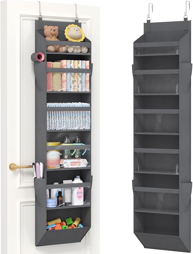Lifewit 1 Pack Over the Door Organizer, 6 Section Clear Window Hanging Storage with 4 Side Pockets, Sturdy Anti Tilt 40 lbs Load Behind Door for Closet, Bedroom, Bathroom, Nursery, Dorm, Dark Gray by Lifewit