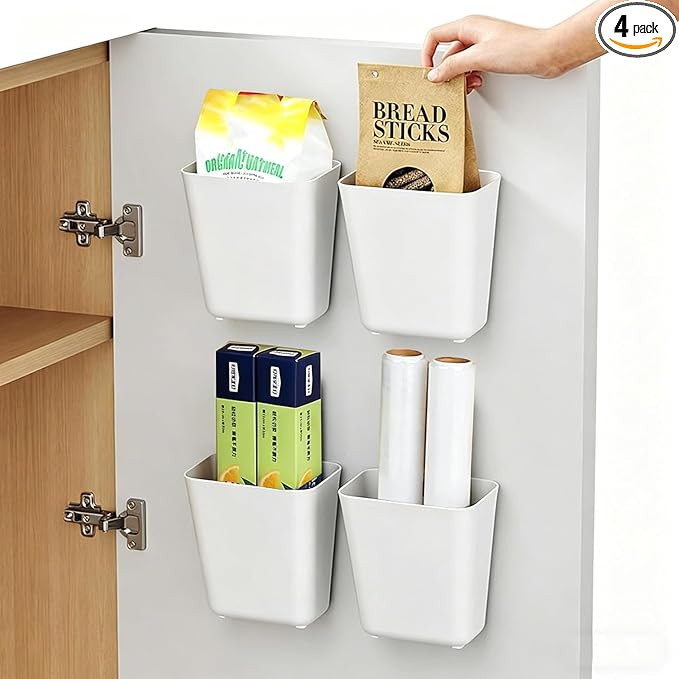 4 Pack Cabinet Door Organizer, Self Adhesive Wall Mount Storage Bins, No Drilling Food Grade ABS plastic for Kitchen, Bathroom, Refrigerator, Wardrobe, Under Sink, Desktop Sundries by senylanhxy