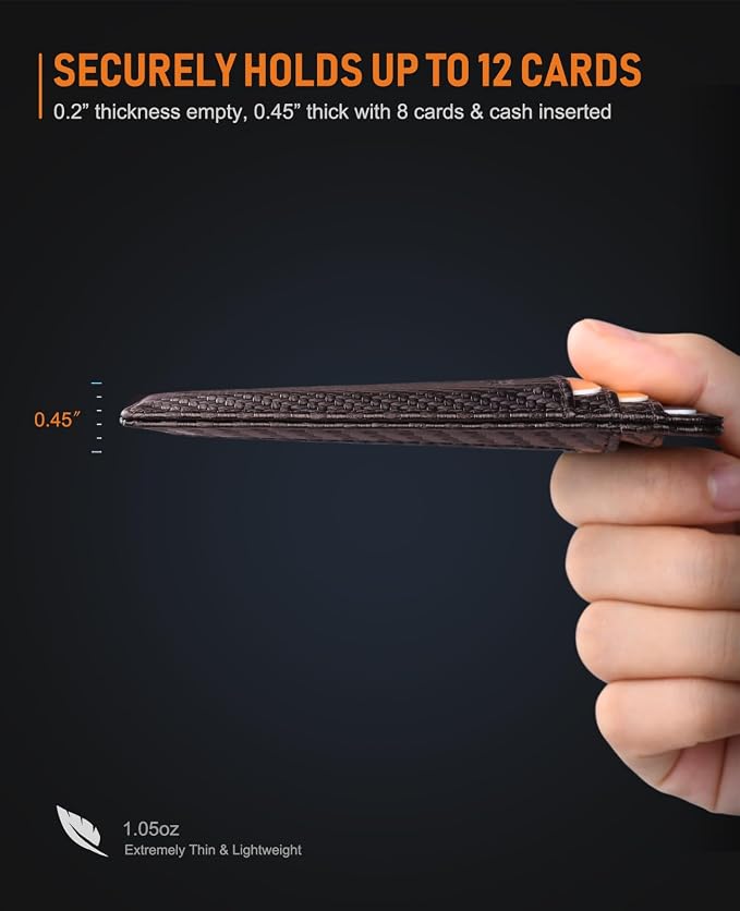 Buffway Slim Minimalist Front Pocket RFID Blocking Leather Wallets for Men and Women - Carbon Fiber Coffee - Image 7