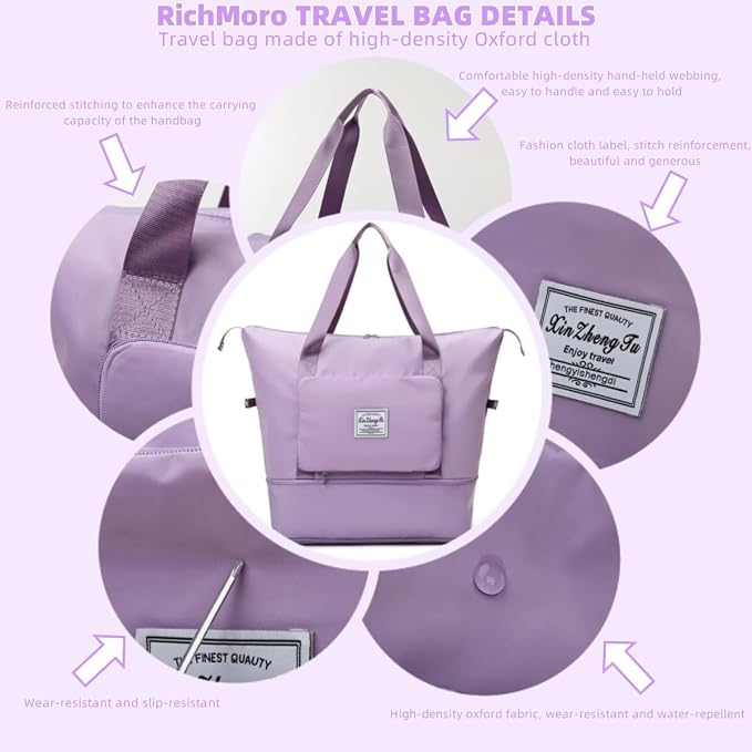 Large Capacity Foldable Travel Bag, Expandable lightweight Carry on Bag, Dry with Wet Separation Spor Duffel Bags (Purple) - Image 5