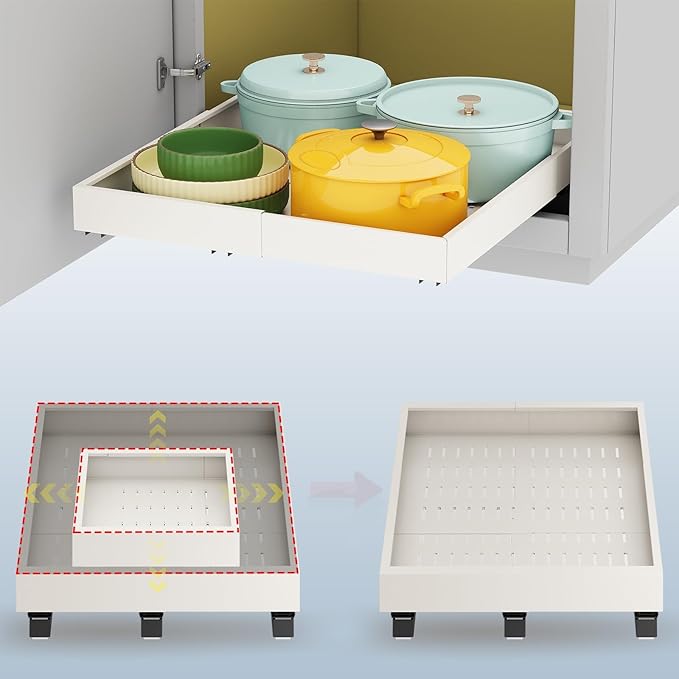 Fokyfok Pull out Cabinet Organizer,15"-21"W,17"-24"D,Expandable,Adhesive | No Drill,3 Rails,Roll out Drawers,Adjustable Slide out Shelves for Kitchen,Pantry,Framed and Framless Cabinets,White,1PC by Fokyfok