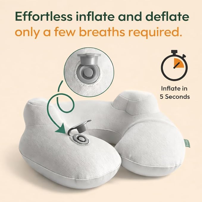 Inflatable Travel Neck Pillow with Adjustable Memory Foam Sides | Lightweight, Soft & Portable Support (Light Gray, Standard) - Image 4