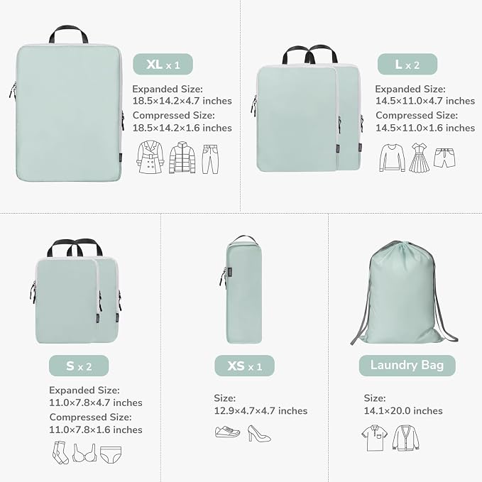 7 Set Compression Travel Packing Cubes for Suitcases, Grey Blue | Travel Essentials for Suitcase, Luggage Organizer Bags for Travel with Shoe Bag, Travel Bags for Shoes, Clothing - Image 2