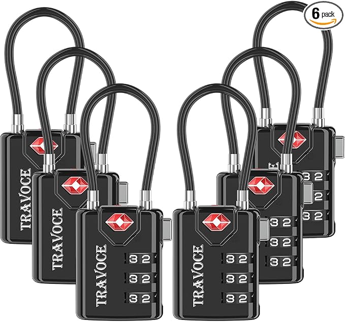 TSA Approved Luggage Locks, Combination Cable Locks, 6 Pack, Black | Search Alert shows TSA key access; resettable 3-digit code and flexible braided steel cable for suitcases and backpacks. by TRAVOCE