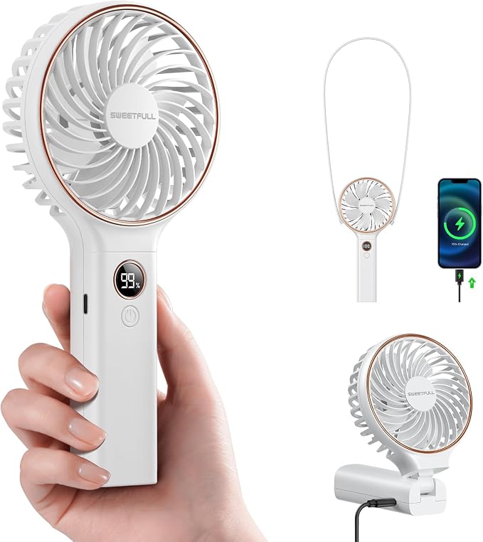 SWEETFULL Handheld Portable Fan, 5000mAh Rechargeable Battery, 6 Speed Wind, LED Digital Display, Foldable Electric Personal Mini Travel Fan with Backup Power, Summer Essentials Gifts for Women Girl by SWEETFULL