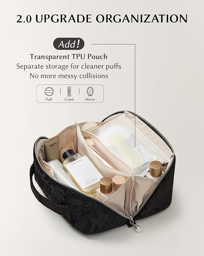EACHY Velvet Travel Makeup Bag for Women, Flat Open Cosmetic Organizer | Velvet cosmetic organizer with two clear TPU brush pockets and extra storage for makeup, toiletries and travel essentials - Image 4