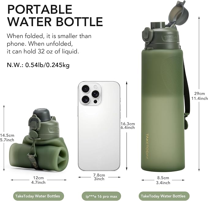 TakeToday Collapsible Water Bottles 32oz, Foldable Travel Water Bottle, BPA Free, Silicone Water Bottle Leakproof for Hiking, International Travel, Outdoors - Image 5