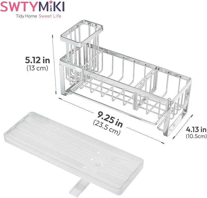 SWTYMIKI Sponge Holder for Kitchen Sink - Sink Caddy with Brush Holder Self-draining Sponge Caddy Organizer with Divider Stainless Steel Kitchen Accessories Storage for Countertop, Silver - Image 8