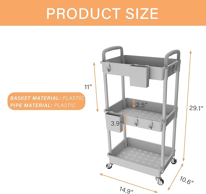 3 Tier Rolling Utility Cart with Handle,REBECAT Utility Cart Made of Multifunctional Storage Organizer Tool for Kitchen,Bathroom,Living Room,Office(Gray) - Image 5