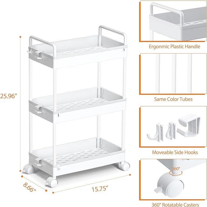Ronlap 3 Tier Slim Rolling Storage Cart with Wheels Utility Organizer,White | For bathroom, laundry, kitchen, bedside & dorm. Fits art, craft, snack, makeup, nail, diaper & postpartum baby supplies - Image 2