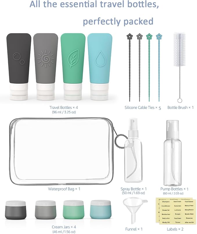 20-Piece Silicone Travel Bottles Set – TSA Approved Leakproof Toiletry Kit with Flat Easy-Squeeze Bottles, Tactile Icons, Cream Jars, Pump & Spray, Cleaning Brush | 20-Piece Silicone Bottles Set,TSA Approved Leakproof,Easy-Squeeze Bottles,Come with Pum... - Image 2