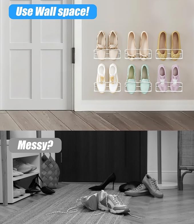 6Pack Wall Mounted Shoe Rack with Sticky Hanging Strips (White) | Very Easy to Install no Need to Drill Hanging Shoe Organizer, for RV, Door,Entryway, Bathroom, Living Room, Mud Room, Laundry - Image 2