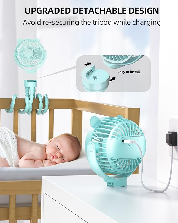 buywoo Portable Stroller Mini Fan, Small Rechargeable Personal Cooler w/ 360° Rotation, Baby Essentials for Car Seat, Crib, Bike, Treadmill, 3-Speed Battery Powered Stroller Accessories, Mint - Image 5
