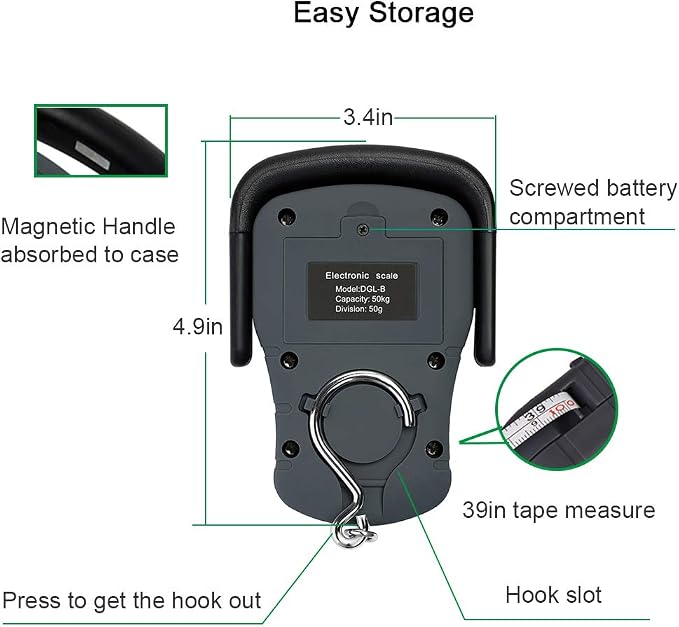 Digital Hanging Luggage Scale with Comfortable Handle and Large Hook, 110lb/50kg, Backlit Portable Scale for Travel Fishing with Tare/Hold Function, AAA Batteries Included, Grey - Image 4