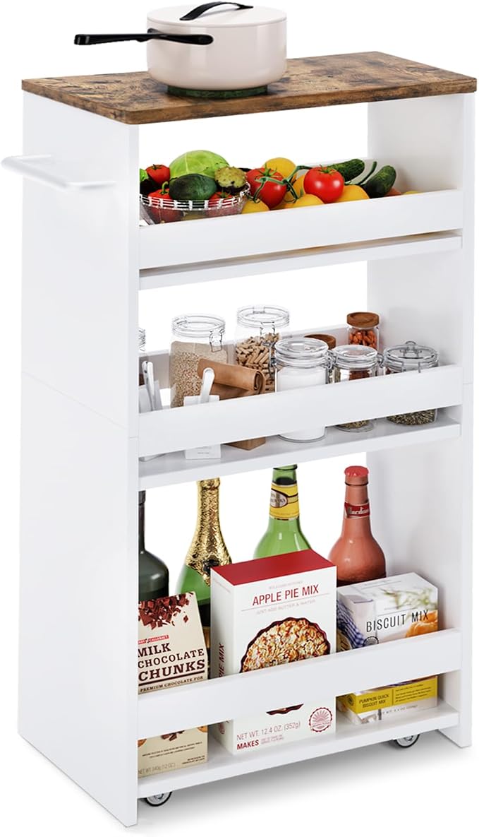 TEAMIX Slim Rolling Storage Cart, Wood 4-Tier Narrow Kitchen/Laundry Cart | 7.9"W Thin Cabinet with Wheels and Handle, Use as Spice Rack Next to Fridge, Laundry Room Organization Between Washer & Dryer by TEAMIX