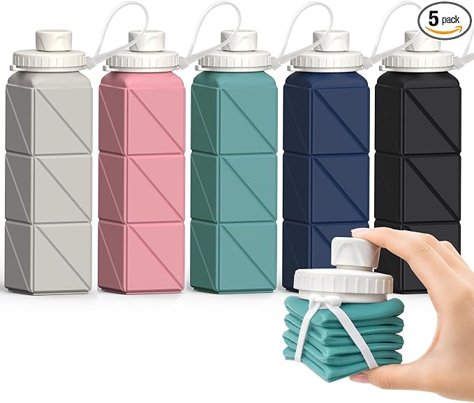BEAUTAIL Collapsible Water Bottles 21oz/610mL, Silicone Travel Water Bottle | BPA Free, Leakproof & Reusable, Foldable Water Bottle for Traveling, Hiking, Cycling, Gym, School, Sports, Outdoor, 5-Pack by BEAUTAIL