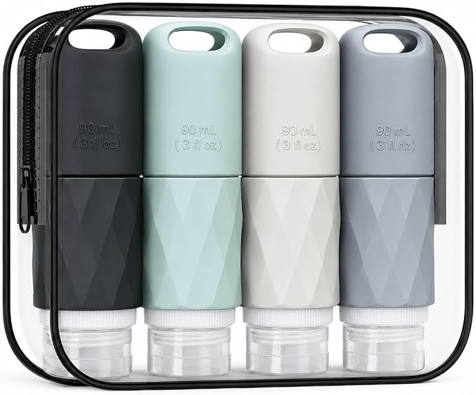 Travel Bottles for Toiletries, TSA Approved 3oz Leak Proof Silicone Travel Size Containers with Cross-Valve Cap, Refillable Bottles with Labels & Clear Bag for Shampoo, Body Wash (4 Pack-Grey) by JUSFANE