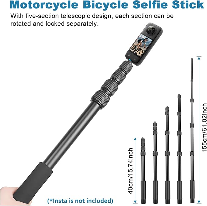 Motorcycle Mount Kit Compatible with Insta 360 X4 X5, Bike Handlebar Clamp Mounts for Gopro, 59" Invisible Selfie Stick with Double Clamp for Action Camera,Motorcycle Bicycle Riding Records - Image 2
