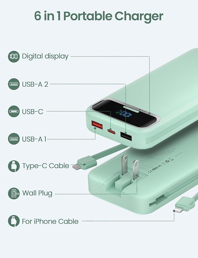 aonidi Portable Charger 12000mAh with Built-in Cables&AC Wall Plug, Green | PD20W USB C Fast Charging,LED Display External Travel Power Bank,TSA approved Battery Pack for All iPhone,Samsung,Android - Image 2