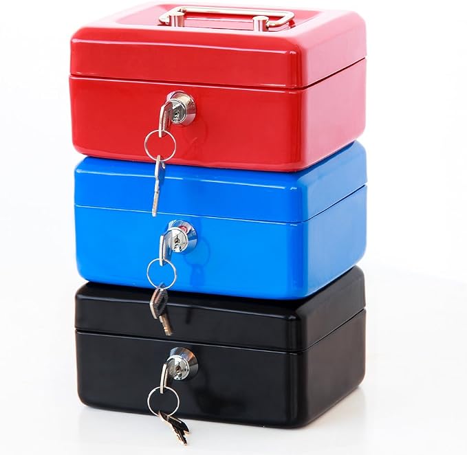 Decaller Small Cash Box with Key Lock, Double Layer Metal Money Box for Home Security, Portable Locking Box, 5.9" x 4.7" x 3.2", Red - Image 8