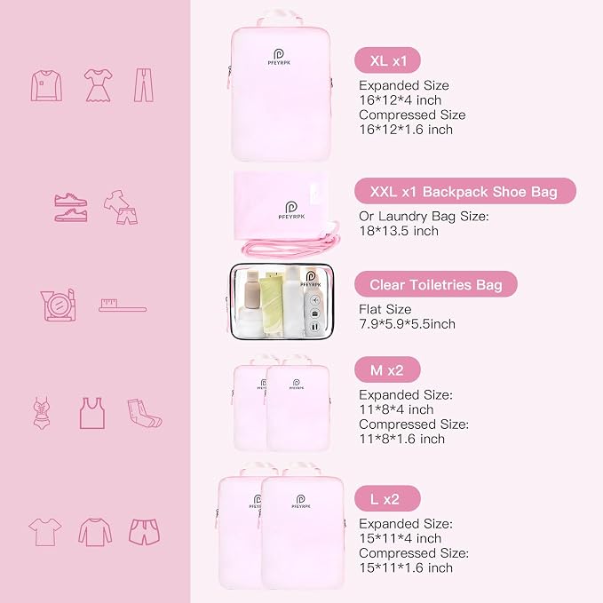 PFEYRPK Lightweight Compression Packing Cubes for Suitcases, Compressible Expandable Travel Packing Organizer with Clear Toiletries and Backpack Bag, Travel Essentials for Carry on Luggage 7 Set - Image 5
