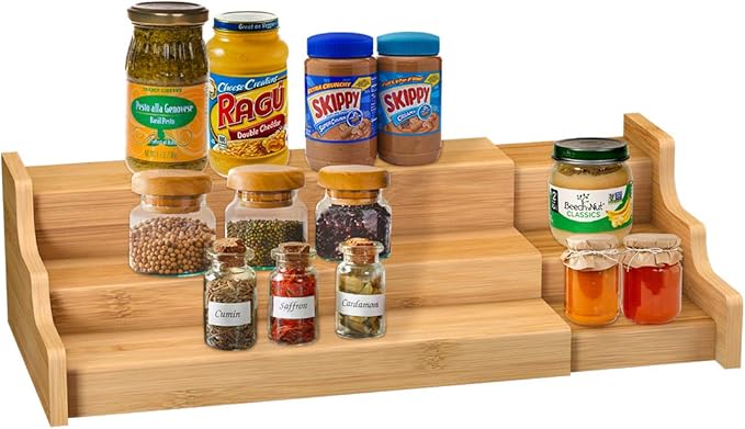 Spice Rack Kitchen Cabinet Organizer- 3 Tier Bamboo Expandable Display Shelf Yellow by ZriBamboo