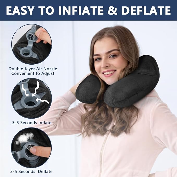flintronic 2PCS Inflatable Travel Pillow, Inflatable Travel Pillow for Airplane, Soft Velvet Neck Support, Lightweight Ergonomic Sleeping Neck Pillow for Airplane, Car, Train, Office, Camping - Image 5