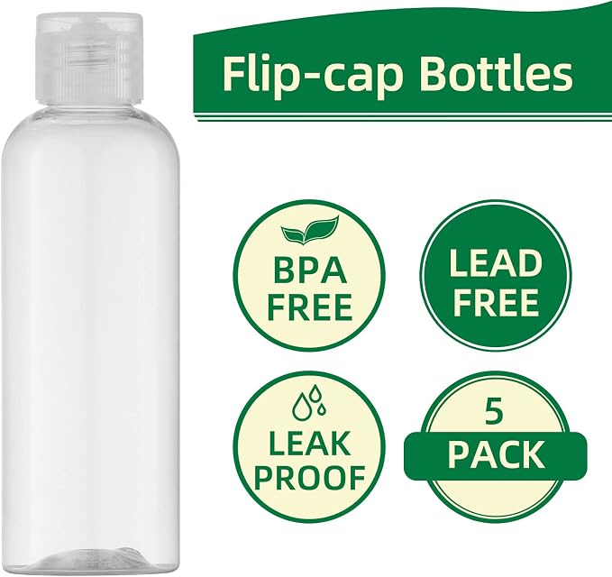 LISAPACK 3.4 oz Travel Bottles for Toiletries, Plastic Shampoo Containers | 5pcs small size dispenser, 100 ml clear squeeze tubes, leak proof, small empty for liquid, lotion, conditioner, soap, TSA - Image 4