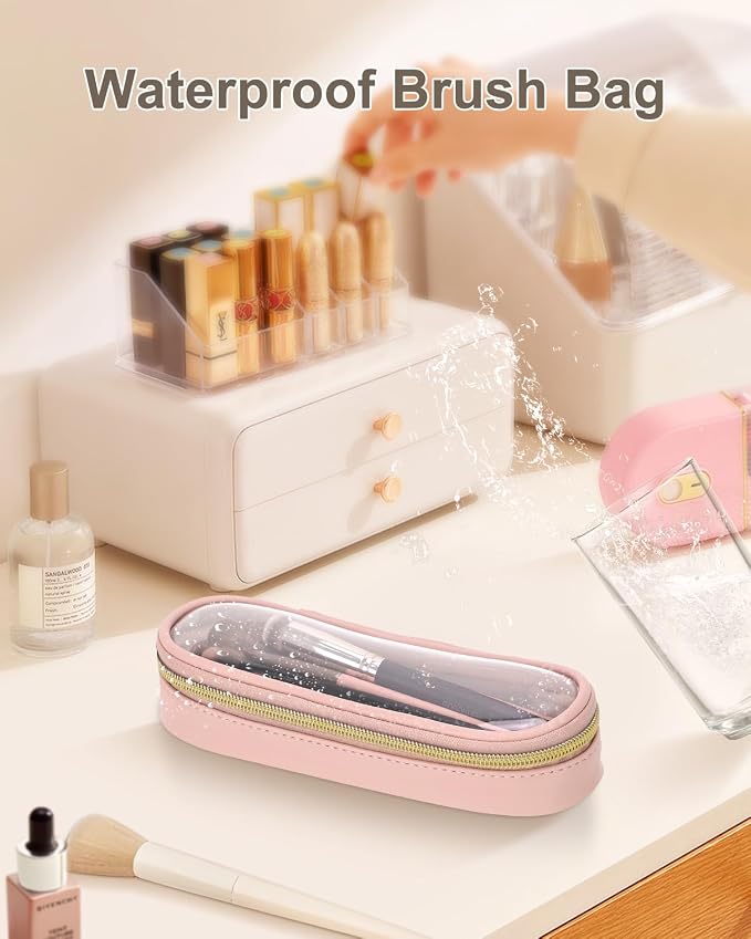 Soimeat Clear Travel Makeup Brush Holder, Leather Makeup Brush Toiletry Bag, Portable Cosmetic Brush Case, Transparent Waterproof Makeup Brush Storage Bag, Pink, Large - Image 7
