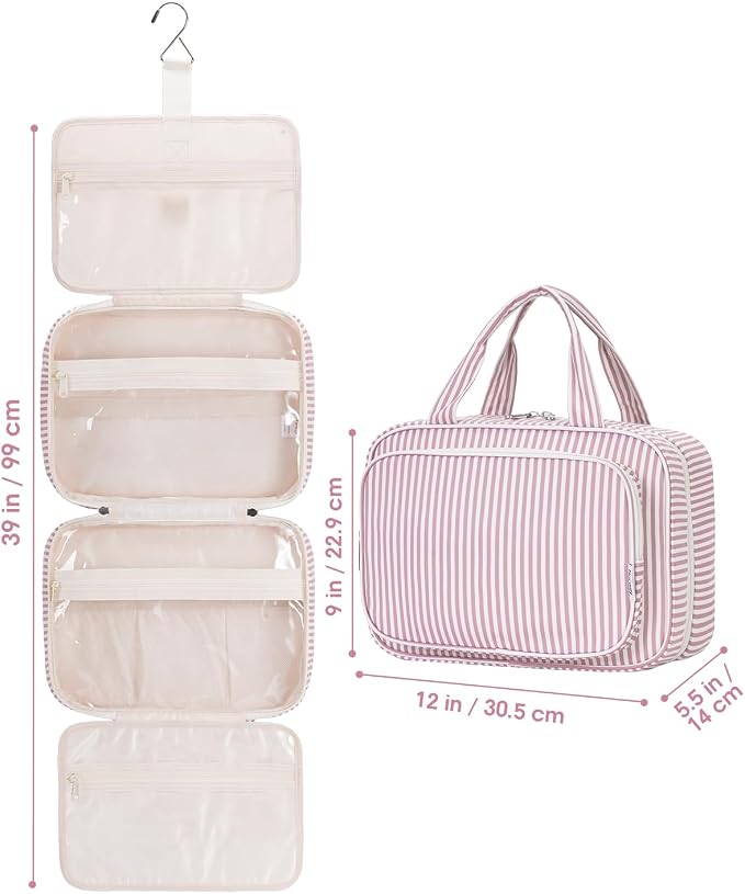 Narwey Striped Travel Toiletry Bag for Women Large Hanging Makeup Bag Organizer Toiletries Bag for Full Size Essentials Accessories Cosmetics (Dusty Pink Stripe (Large)) - Image 9