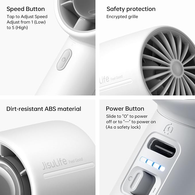 JISULIFE Portable Handheld Fan, 22H Max Runtime, 5-Speed - Gray | Travel Essential for Outdoor, Camping, Beach & Makeup, Powerful Airflow, Ultra-Quiet, 4000mAh Battery, Gift for Women & Men - Image 6