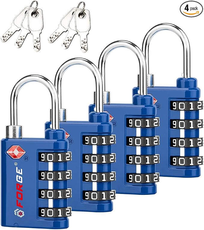 Forge Dual-Opening: Key or Combination Lock, TSA Approved Lock for Luggage, Pelican case, Travel, Gym, School, Luggage Combination Lock, Travel Bag Lock (Blue 4 Pk) by Forge